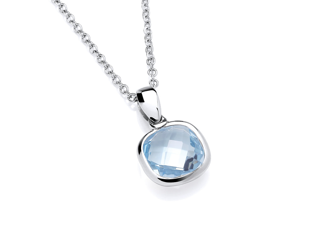 9ct White Gold Necklet & Cushion Shape Blue Topaz Pendant