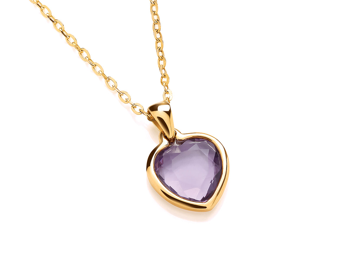 9ct Yellow Gold and Amethyst Set Heart Pendant on Chain