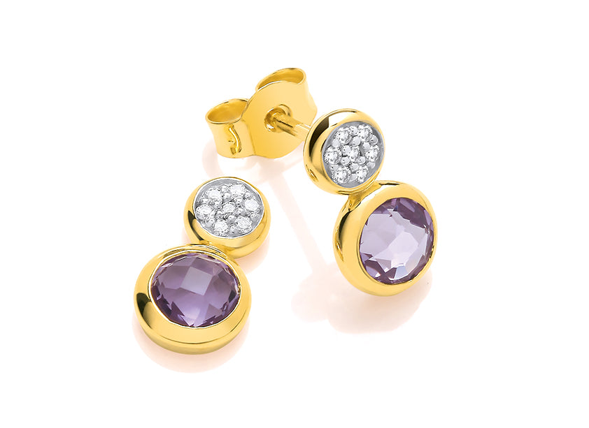 9ct Yellow Gold Small Amethyst & Diamond Stud Earrings