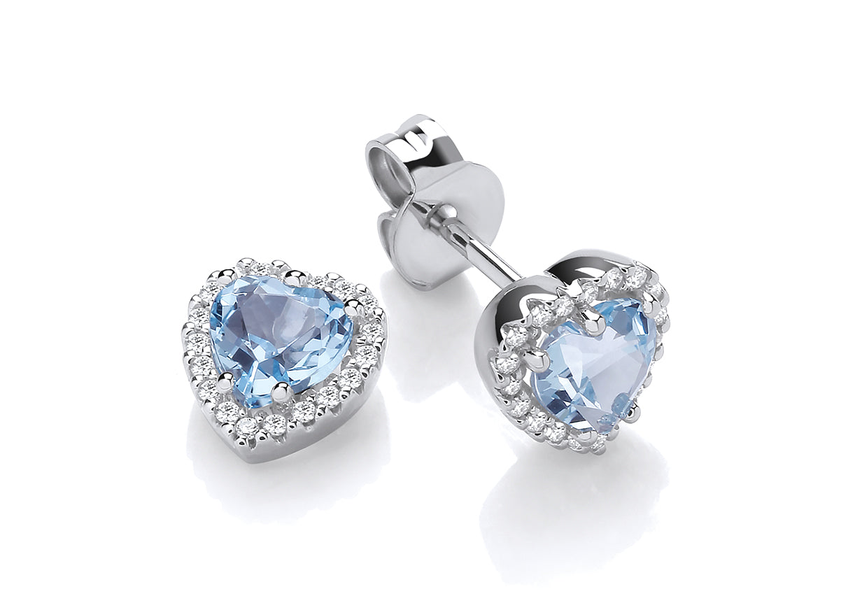 9ct White Gold Small Diamond Set Blue Topaz Heart Stud Earrings