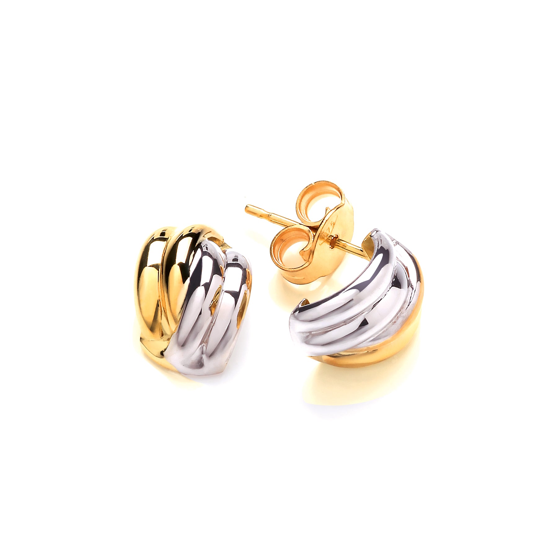 Two Colour Gold Fluted X-Over Stud Earrings