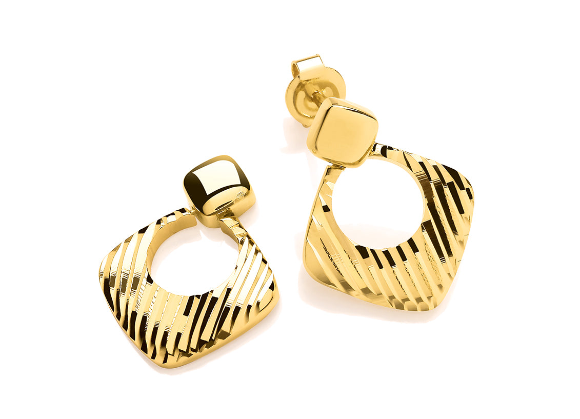 9ct Yellow Gold Open Diamond Cut Square Drop Earrings