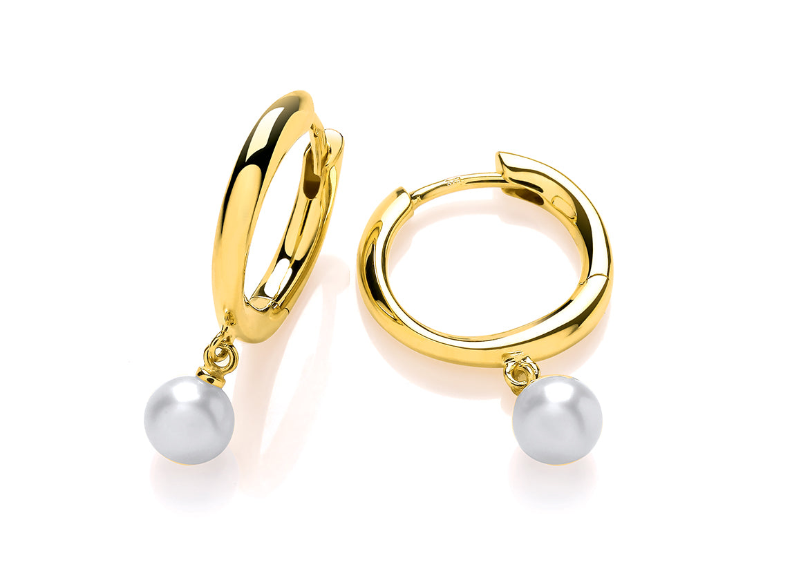9ct Yellow Gold Small Hoop With Hanging Fresh Water Pearl Earrings