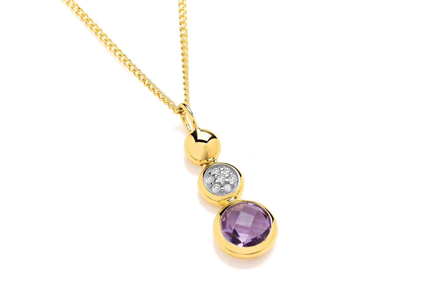 9ct Yellow Gold Amethyst & Diamond Drop Pendant on Chain
