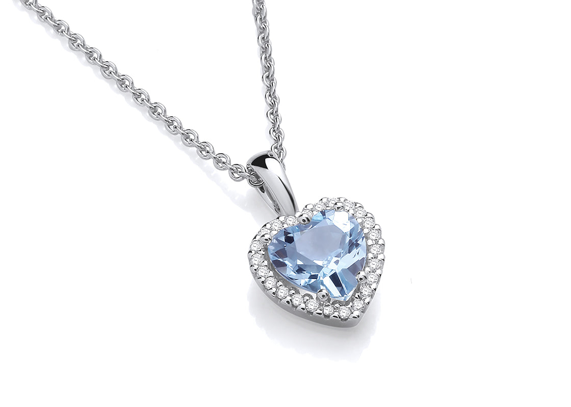 9ct White Gold Small Diamond Set and Blue Topaz Heart Pendant on Chain