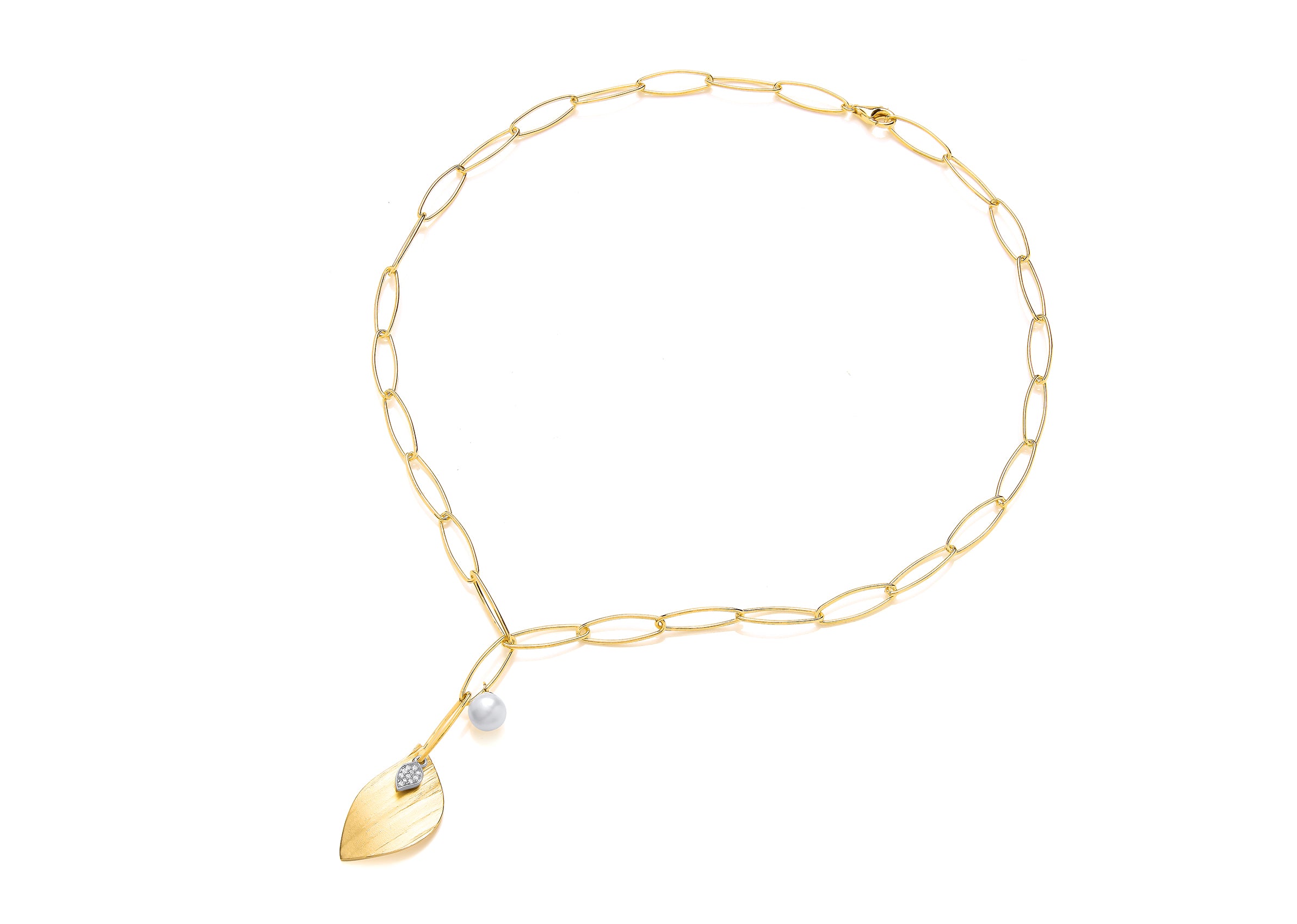 Silver Vermeille Satin Bark Effect Leaf, Pearl & Cubic Zirconia Necklet