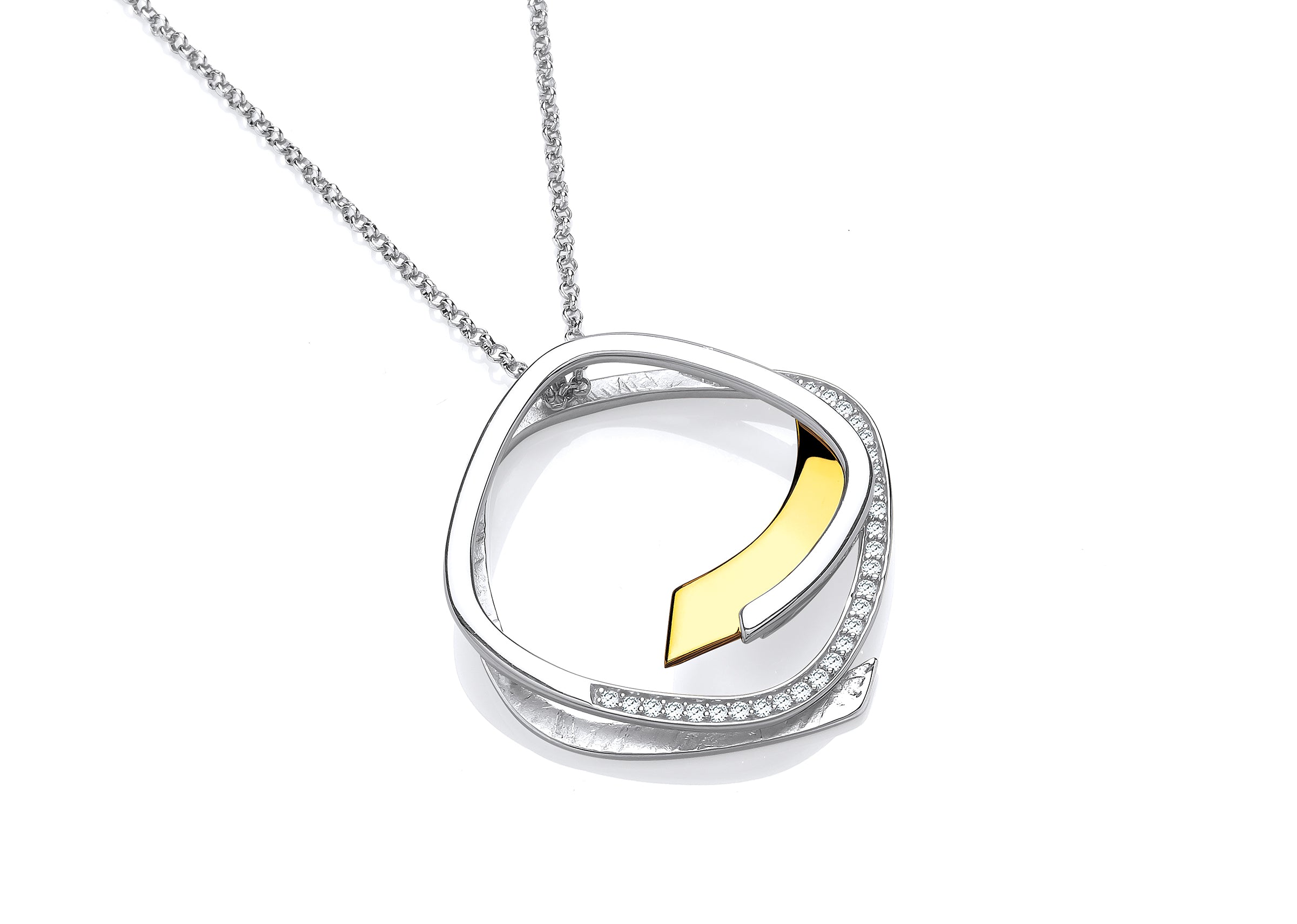 Silver Vermeille Cubic Zirconia Set Fancy Square Pendant on Chain