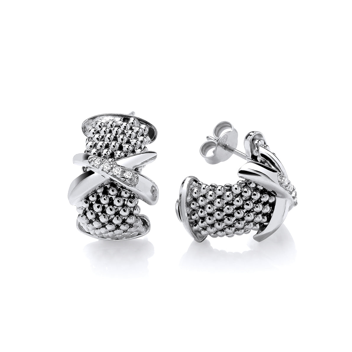 Silver Mesh Diamond-Set Earrings with Kiss Motif