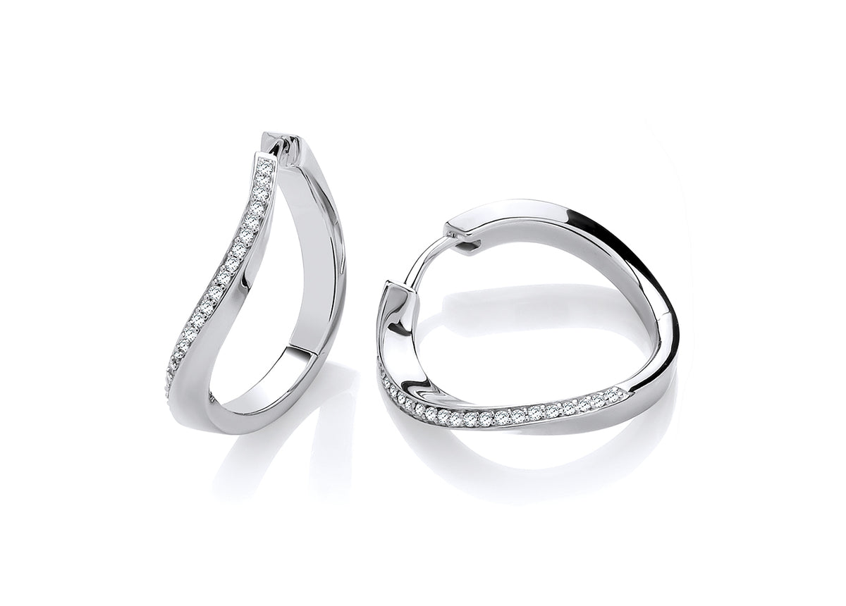 Silver Wavy Cubic Zirconia-Set Hoop Earrings