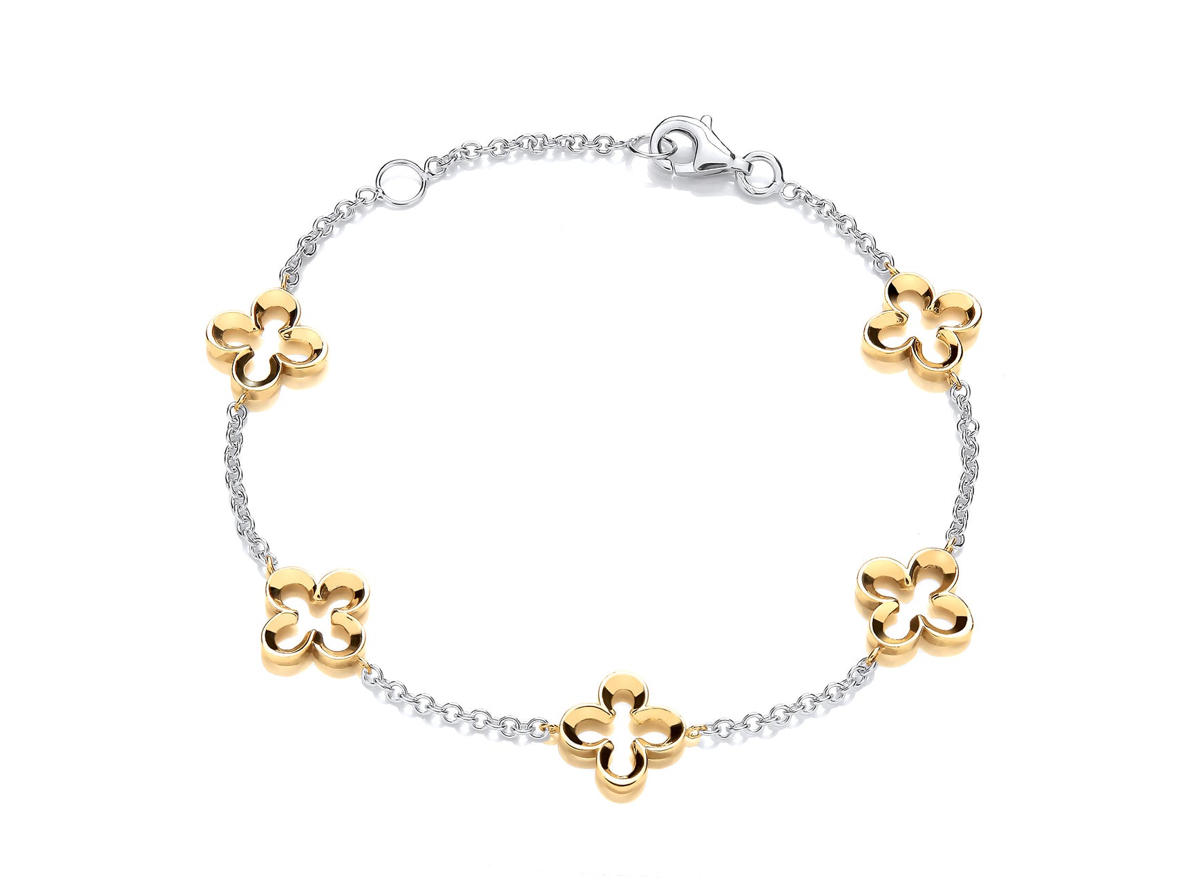 9ct White Gold Chain with Yellow Gold Open Flowers Bracelet