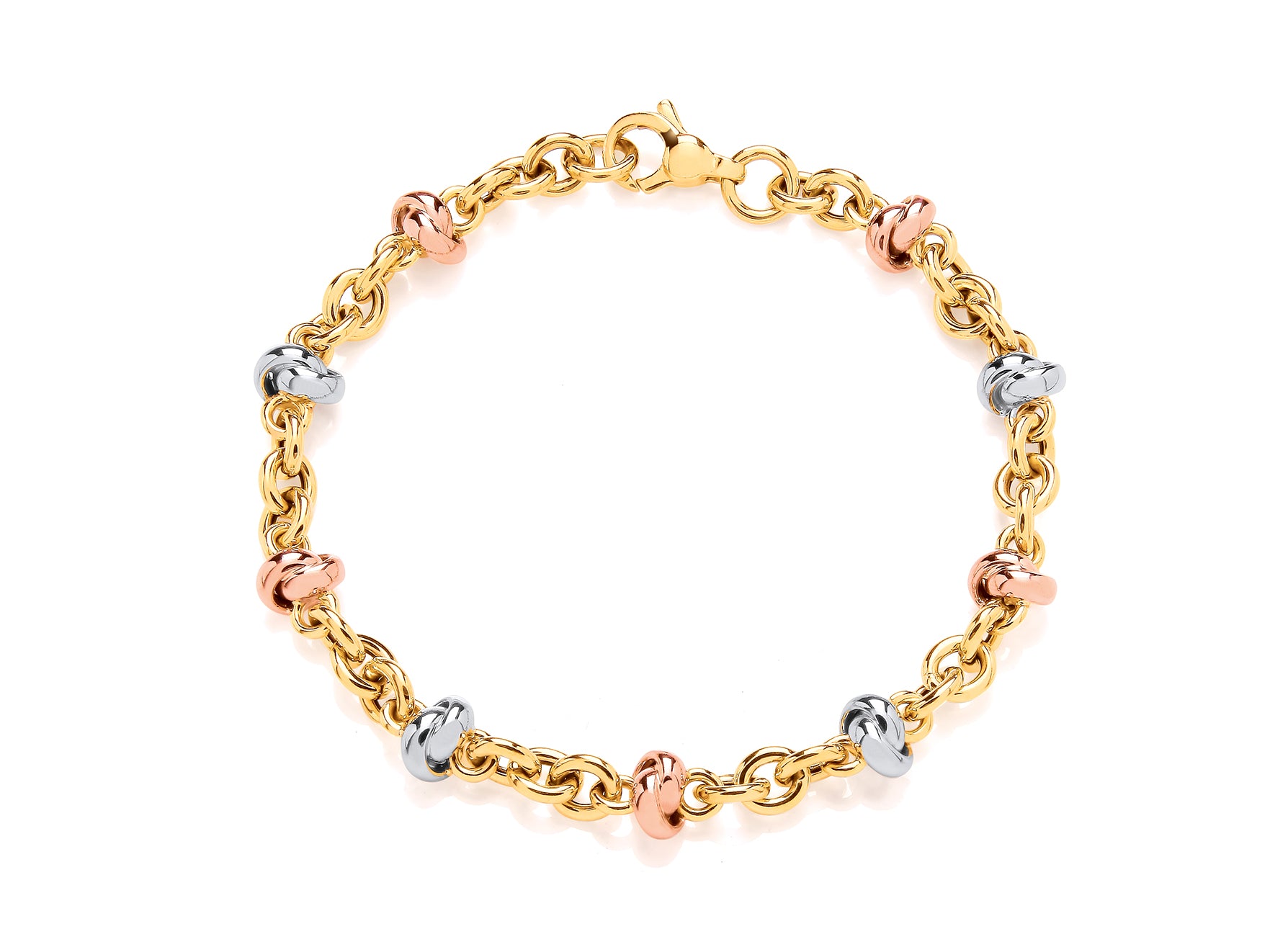 9ct Three Colour, Chain link bracelet with Knot Section