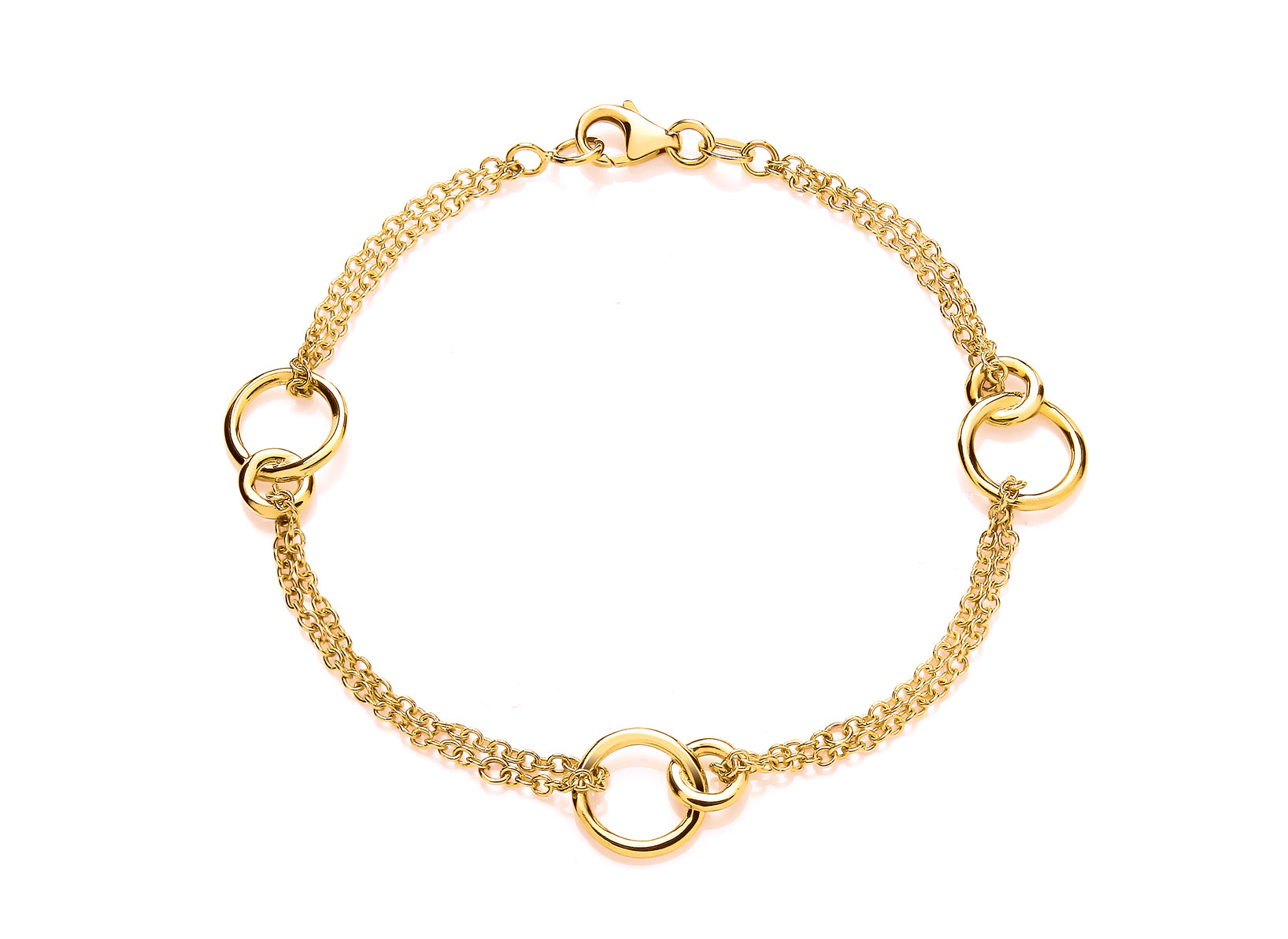 9ct Yellow Gold Double chain bracelet With 3 Circular stations