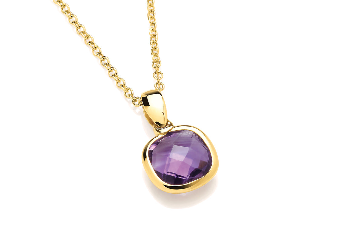 9ct Yellow Gold Necklet & Cushion Shape Amethyst Pendant