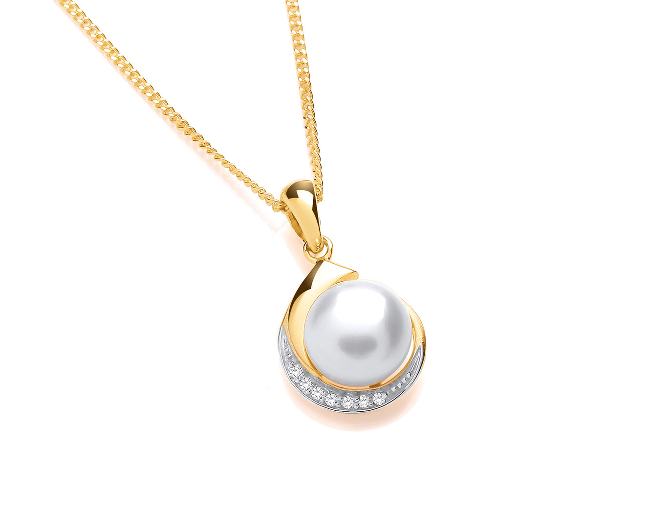 Yellow Gold Pearl Button & Diamond Set Pendant on Chain