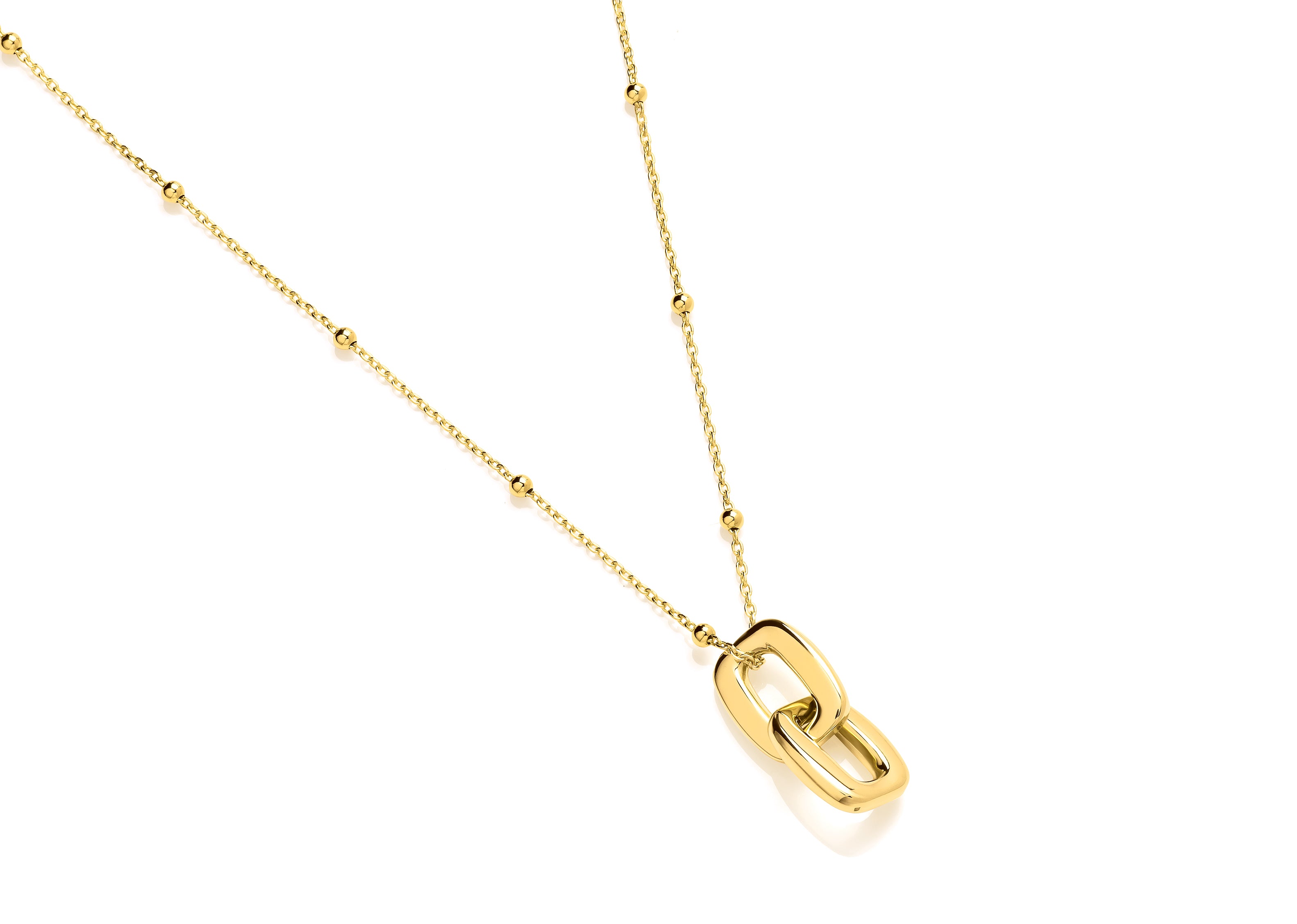 9ct Yellow Gold Small Ball Station with Double Linked Square Pendant Necklet