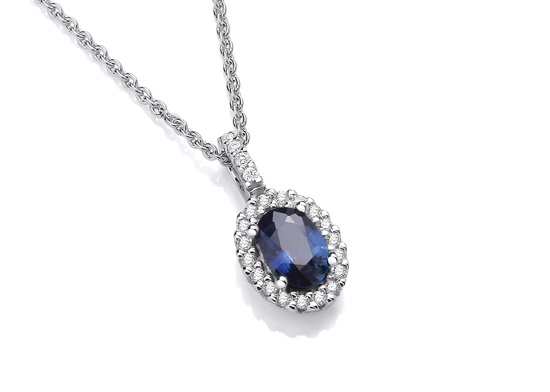 9ct White Gold Oval Diamond Set Sapphire Pendant on Chain