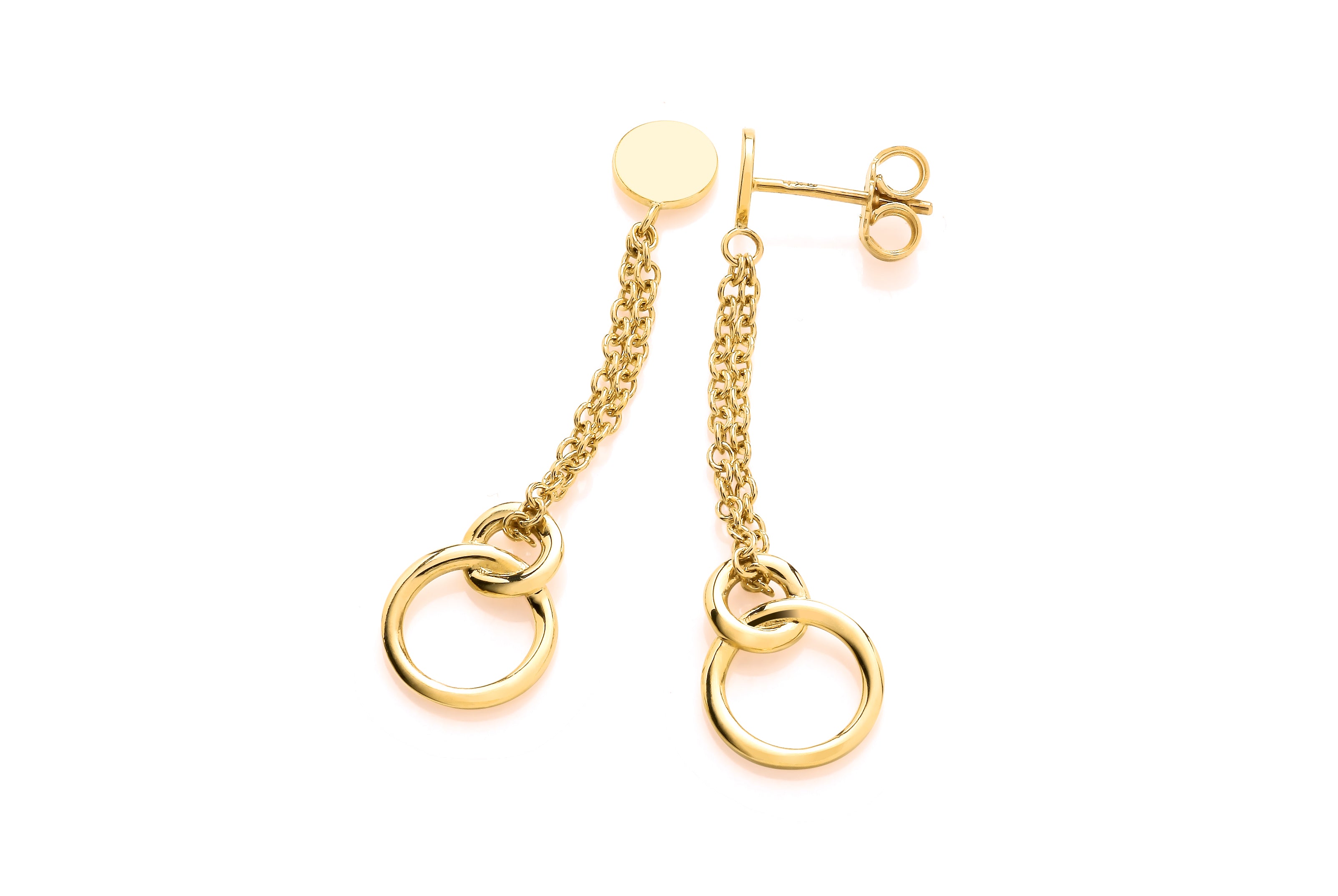 Yellow Gold Double Chain & Ring Drop Earrings