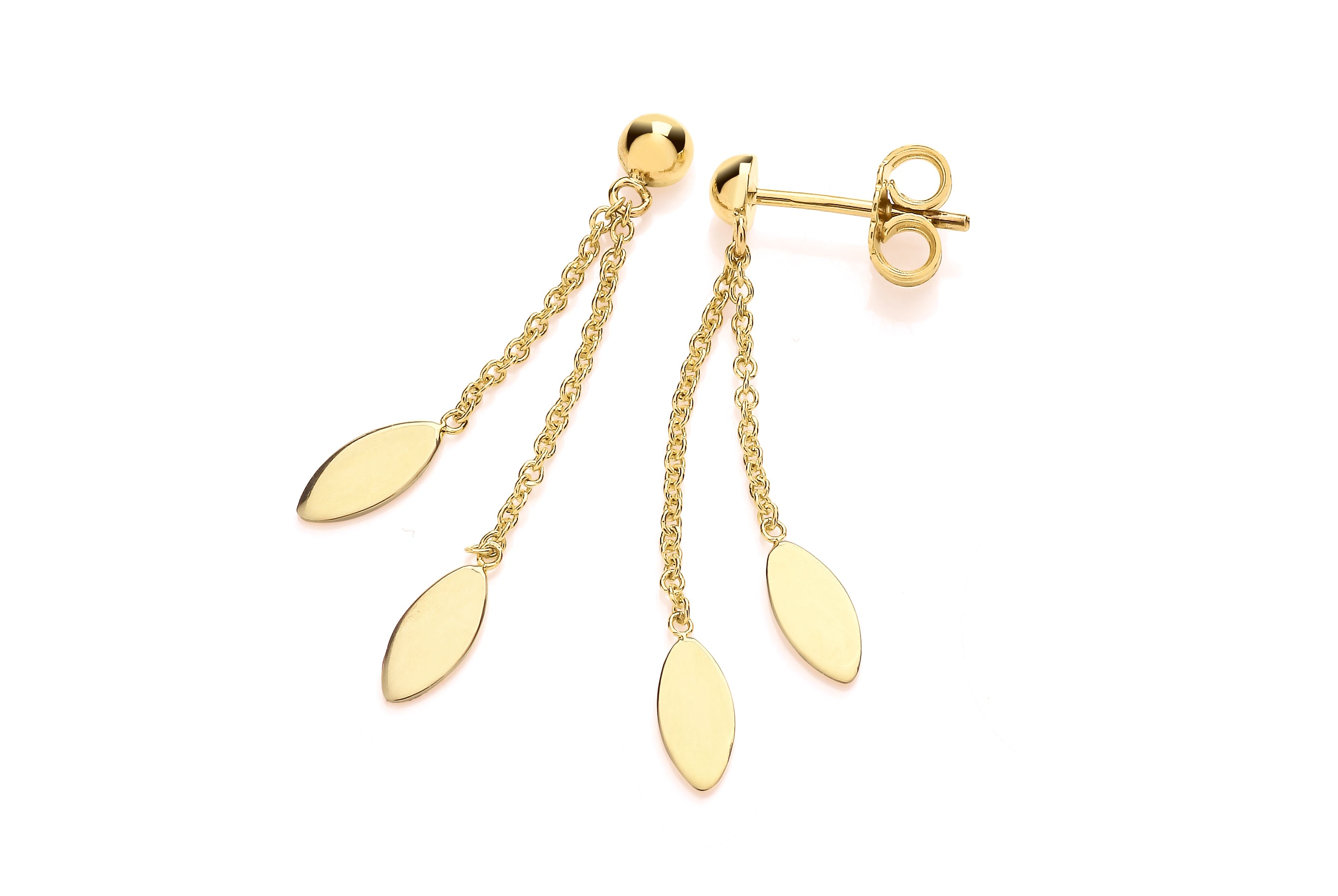 Yellow Gold Double Chain & Closed Marquise Drop Earrings