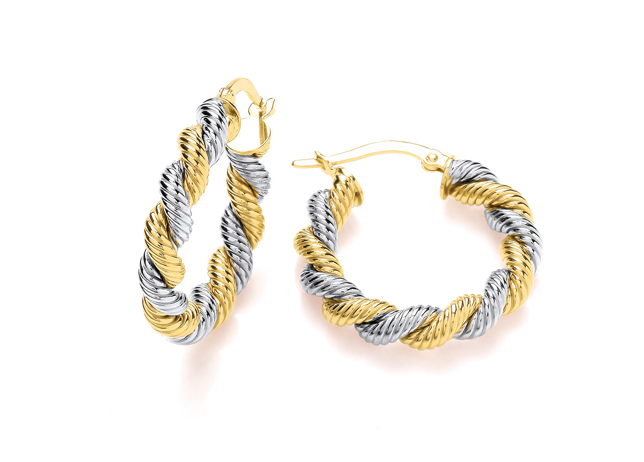 Two Colour Gold Medium Twisted Rope Hoop Earrings