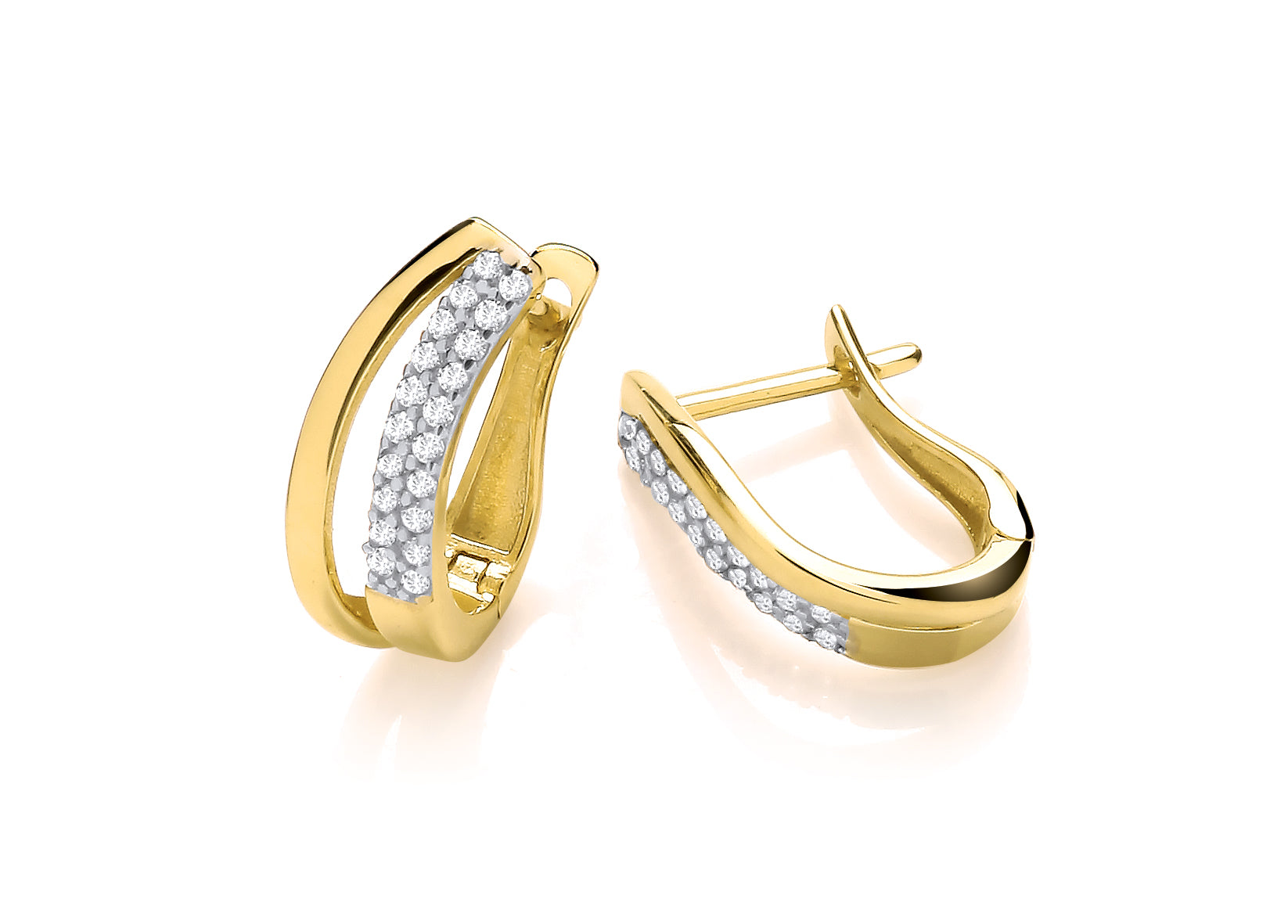 Yellow Gold Wavy Double Row Cubic Zirconia Set Huggie Earrings