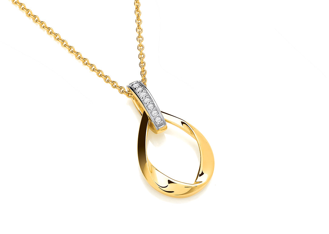 9ct Yellow Gold Open Twisted Teardrop Diamond Set Pendant on Chain