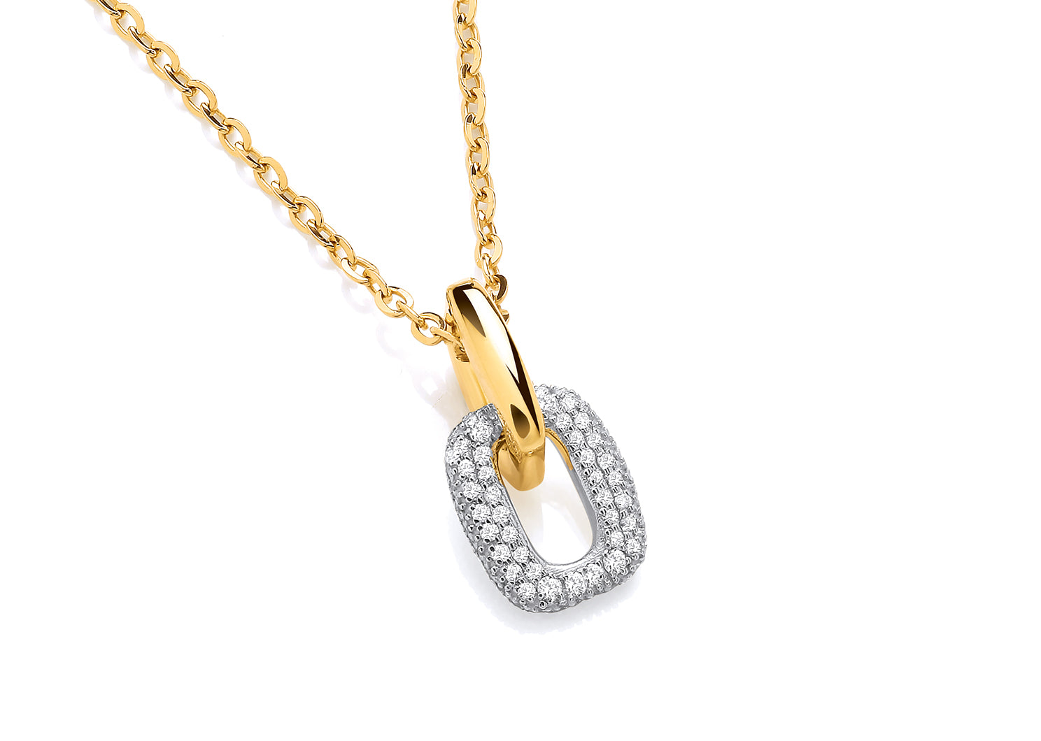 18ct Two Colour Double Linked Square Diamond Set Pendant on Chain