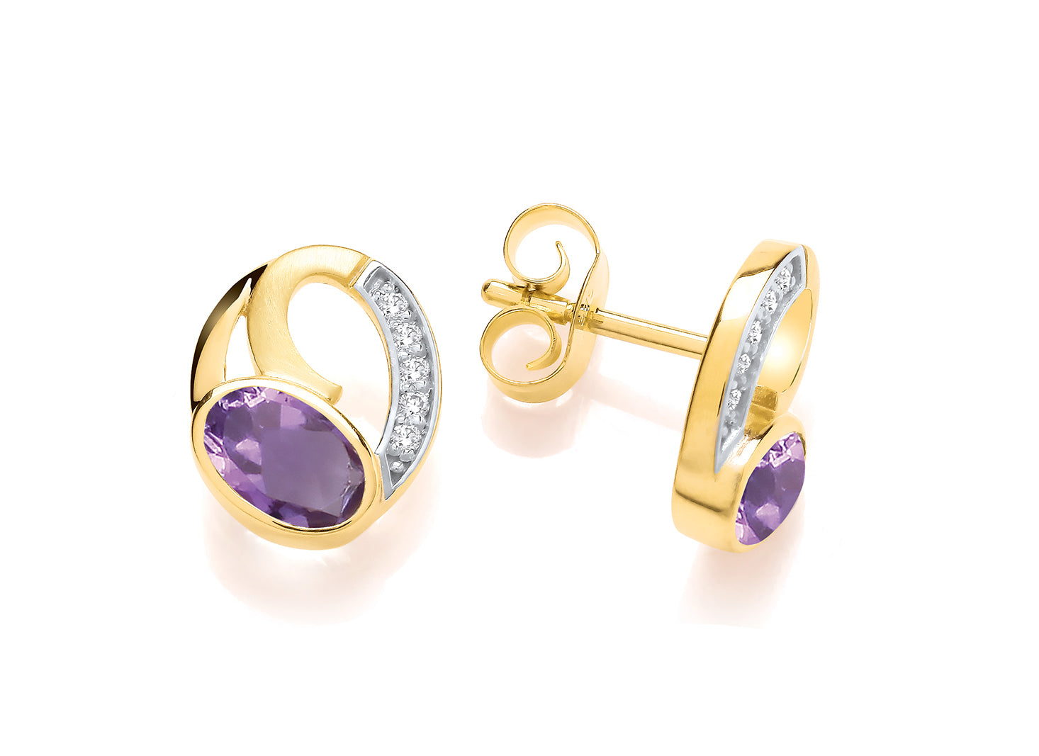 Yellow Gold, Amethyst & Diamond Set Oval Stud Earrings