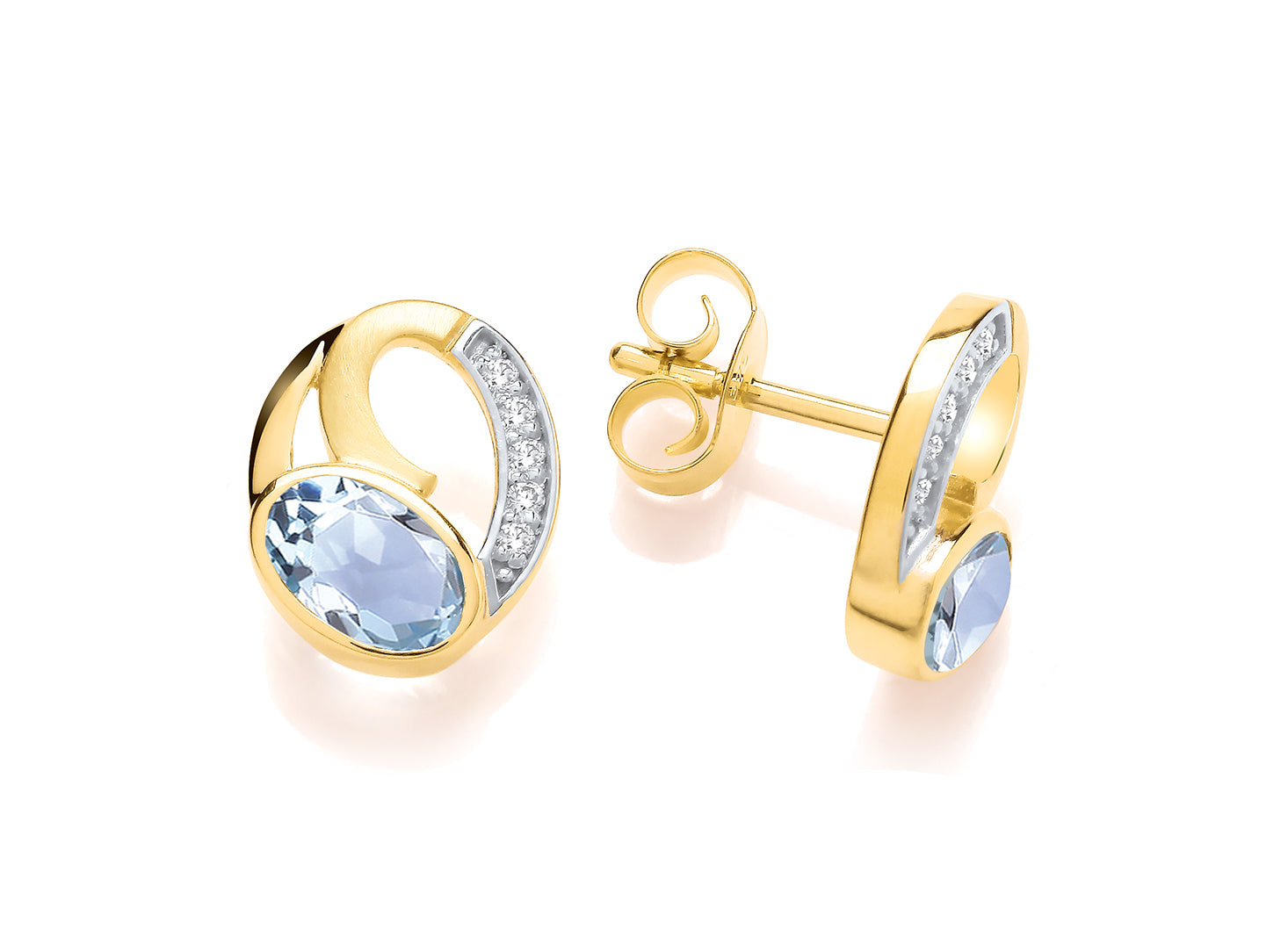 Yellow Gold, Blue Topaz & Diamond Set Oval Stud Earrings