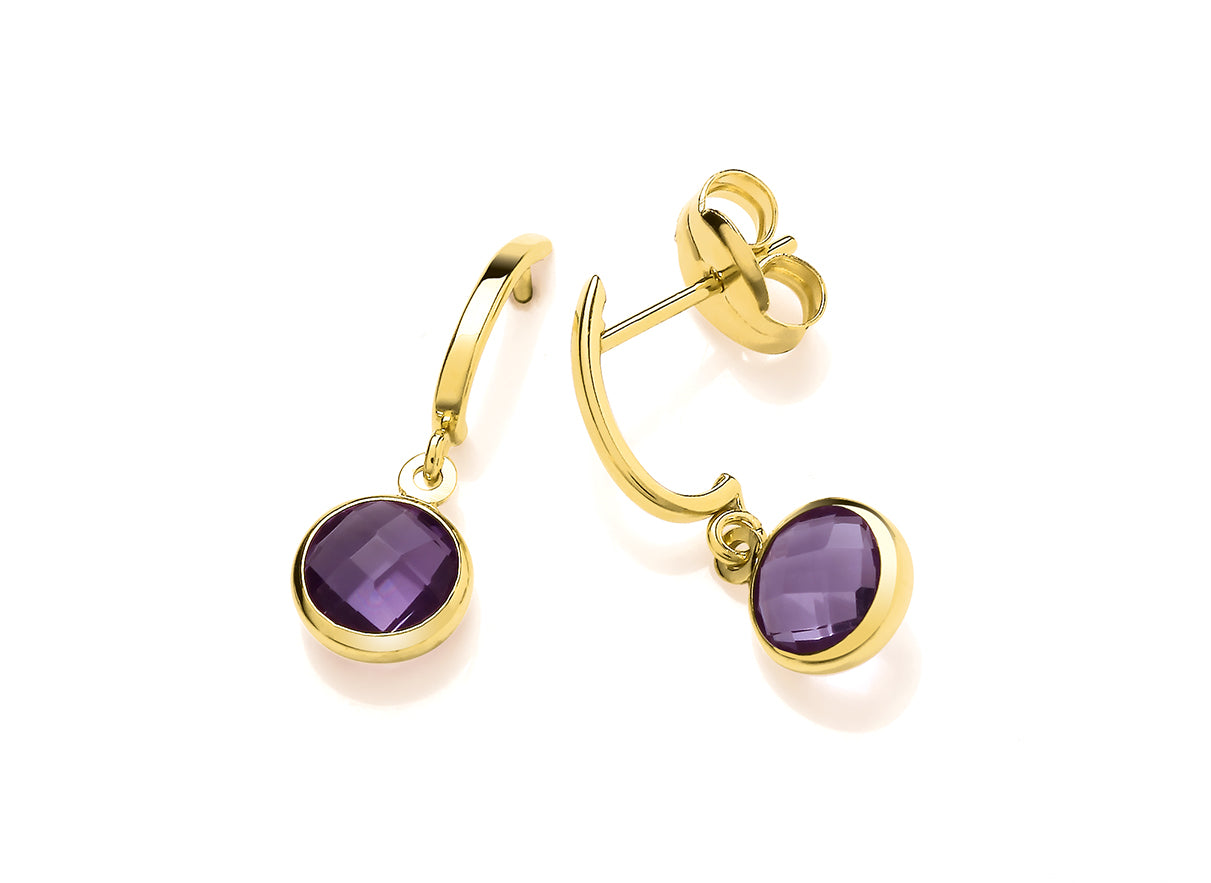 Yellow Gold Round Amethyst Drop Earrings