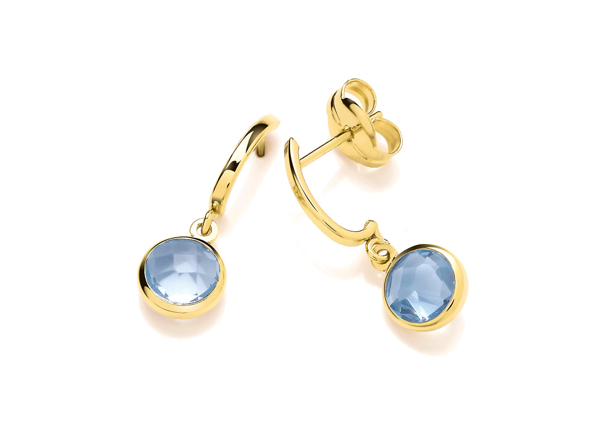 Yellow Gold Round Blue Topaz Drop Earrings