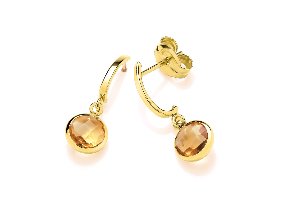 Yellow Gold Round Citrine Drop Earrings