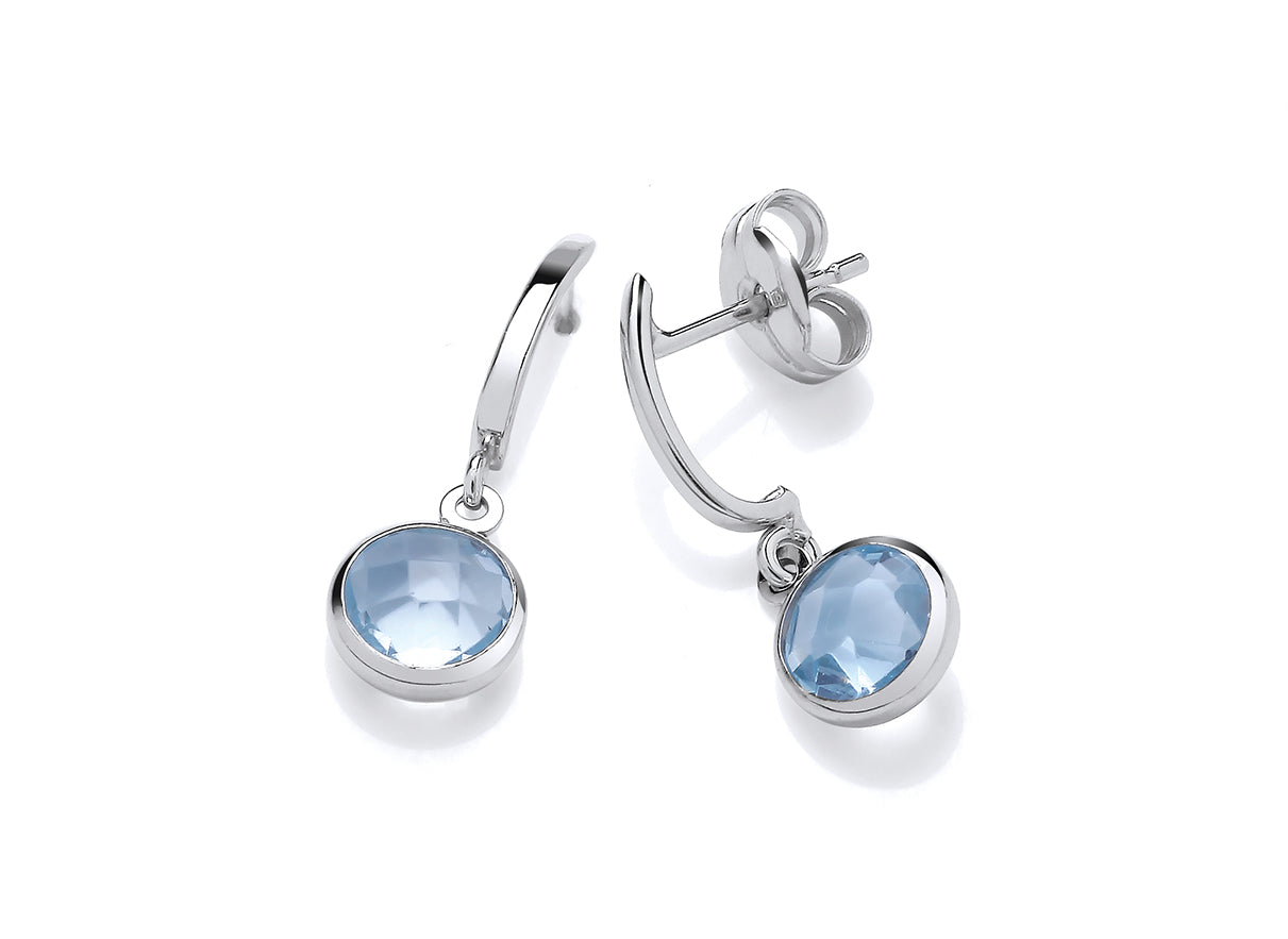 White Gold Round Blue Topaz Drop Earrings