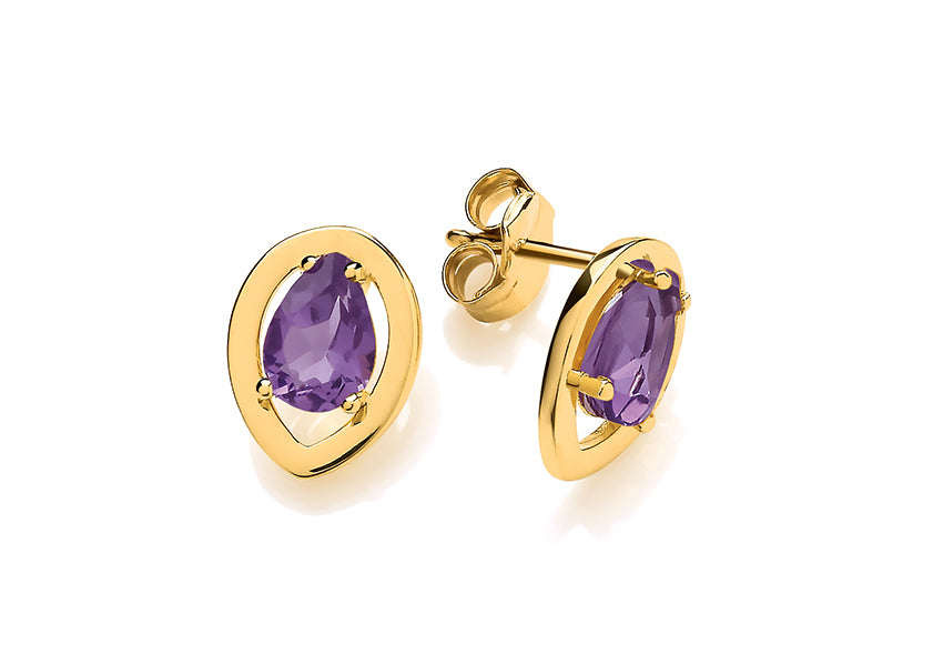 9ct Yellow Gold Teardrop Encased Amethyst Stud Earrings