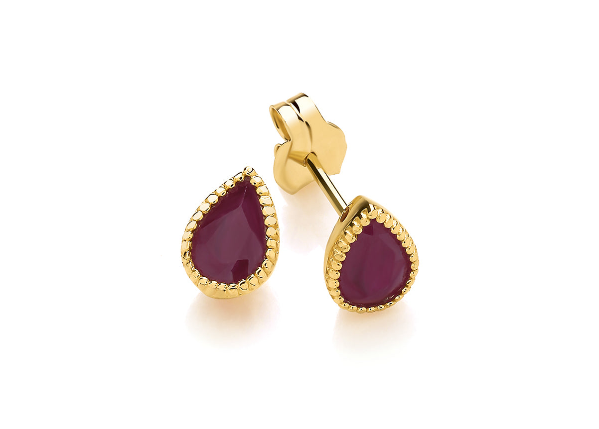 9ct Yellow Gold Teardrop Encased Blue Ruby Stud Earring