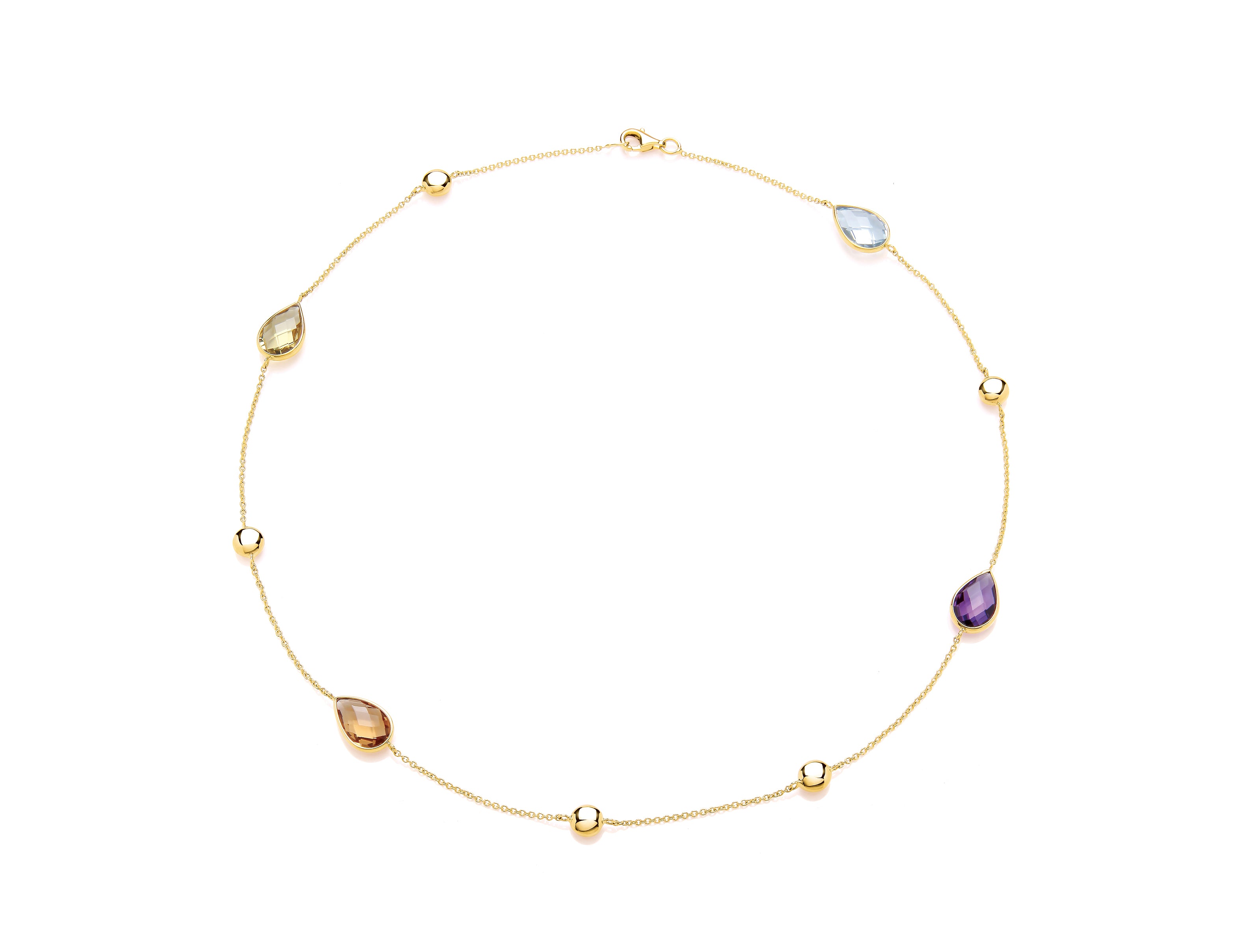 Yellow Gold Semi-Precious Multi-Stone Teardrop & Polish Bead Necklet