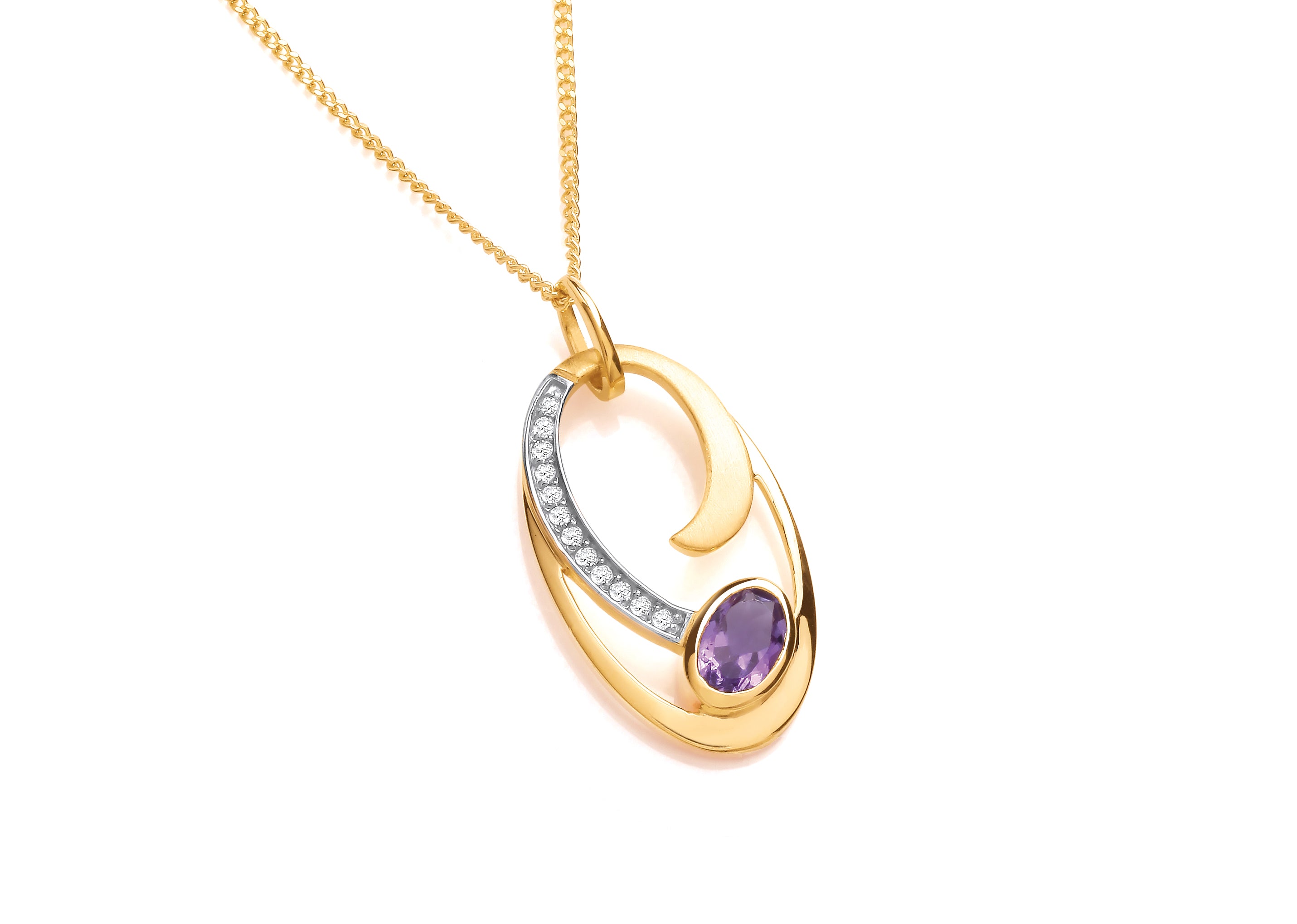 Yellow Gold Amethyst & Diamond Set Oval Pendant on Chain