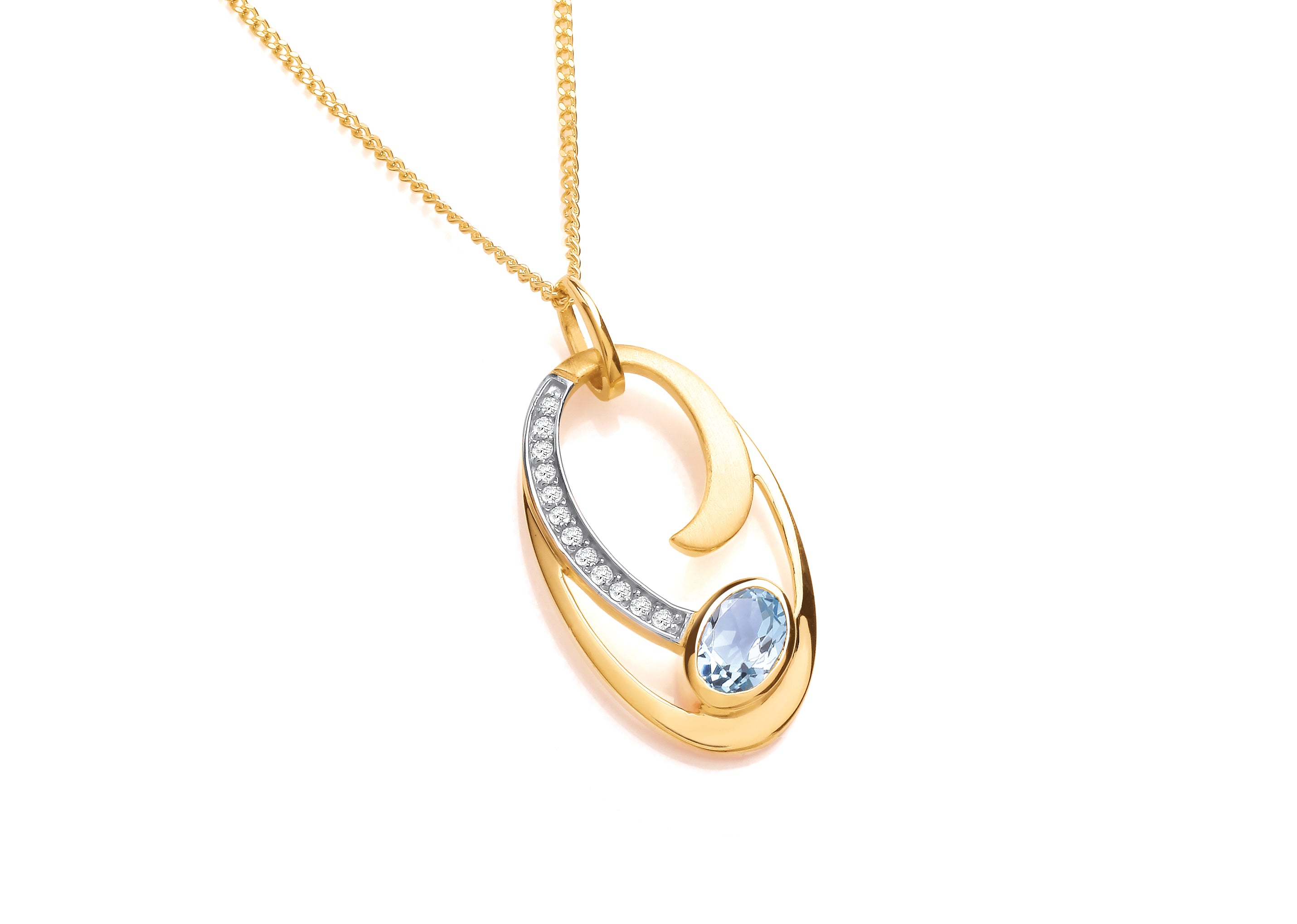 Yellow Gold Blue Topaz & Diamond Set Oval Pendant on Chain