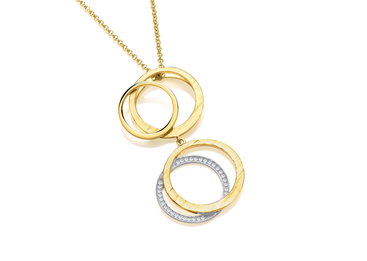 Silver Vermeile Cubic Zirconia Set Double Circle Drop Pendant on Chain