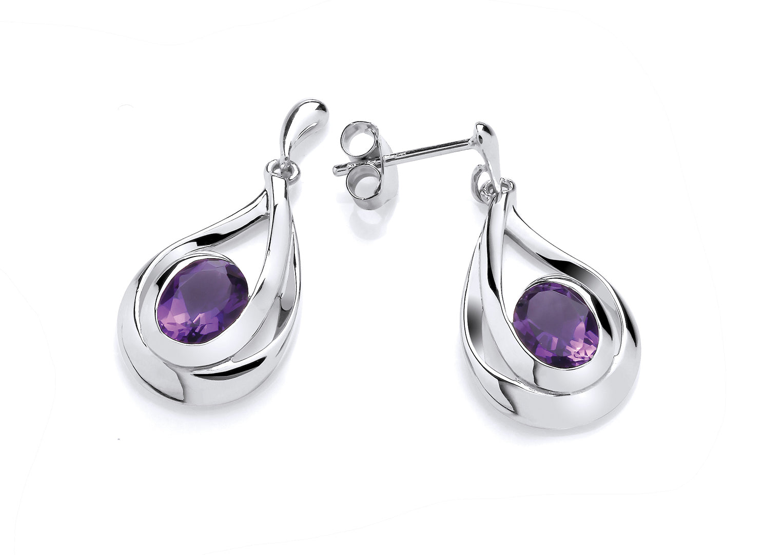 Silver Fancy Teardrop Amethyst Semi Precious Stone Set Earrings