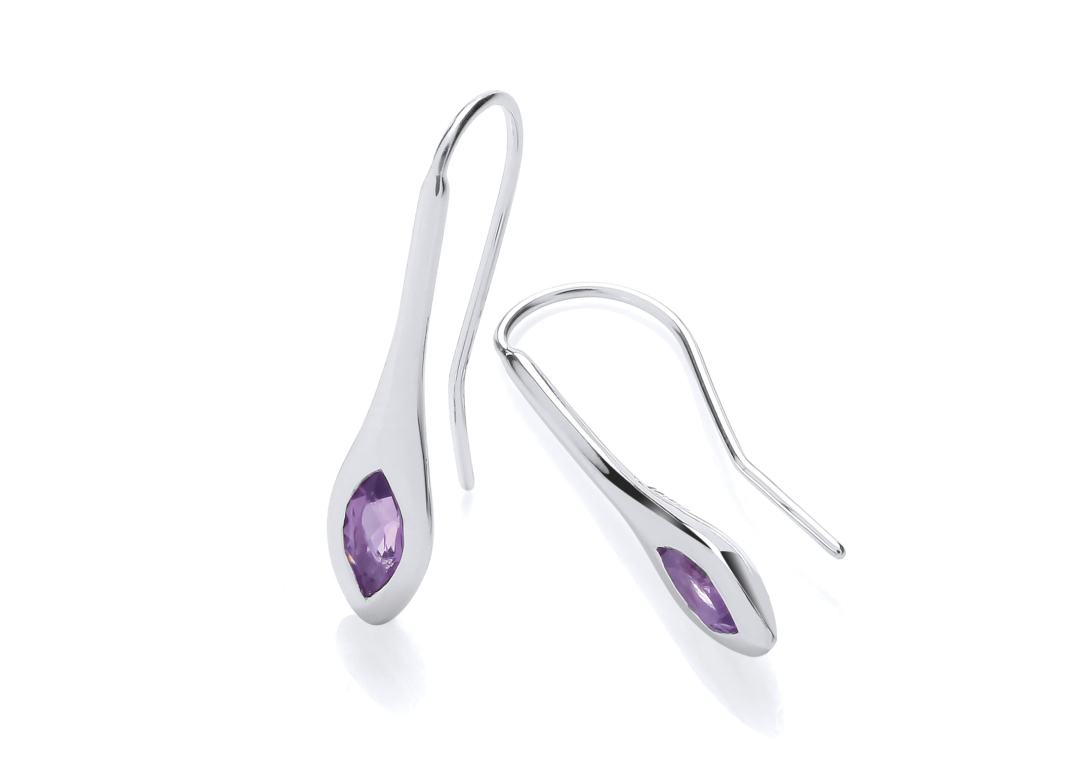 Silver Long Amethyst Teardrop Hook Earrings