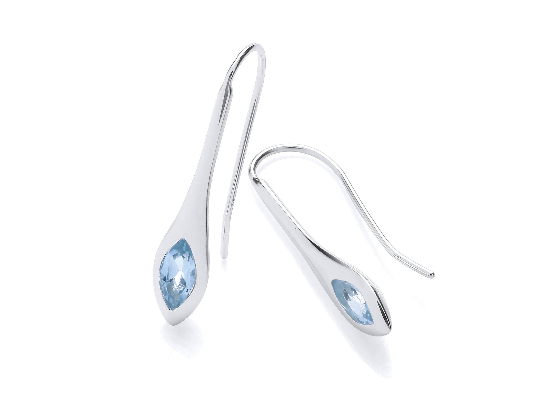 Silver Long Blue Topaz Teardrop Hook Earrings