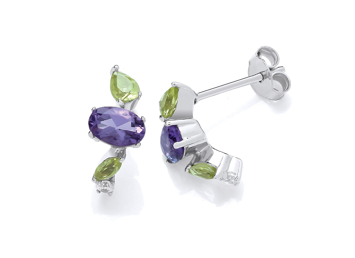 Silver Iolite, Peridot and Cubic Zirconia Semi Precious Stone Set Earrings