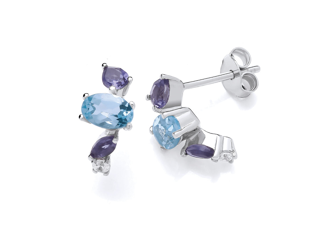 Silver Iolite, Blue Topaz and Cubic Zirconia Semi Precious Stone Set Earrings