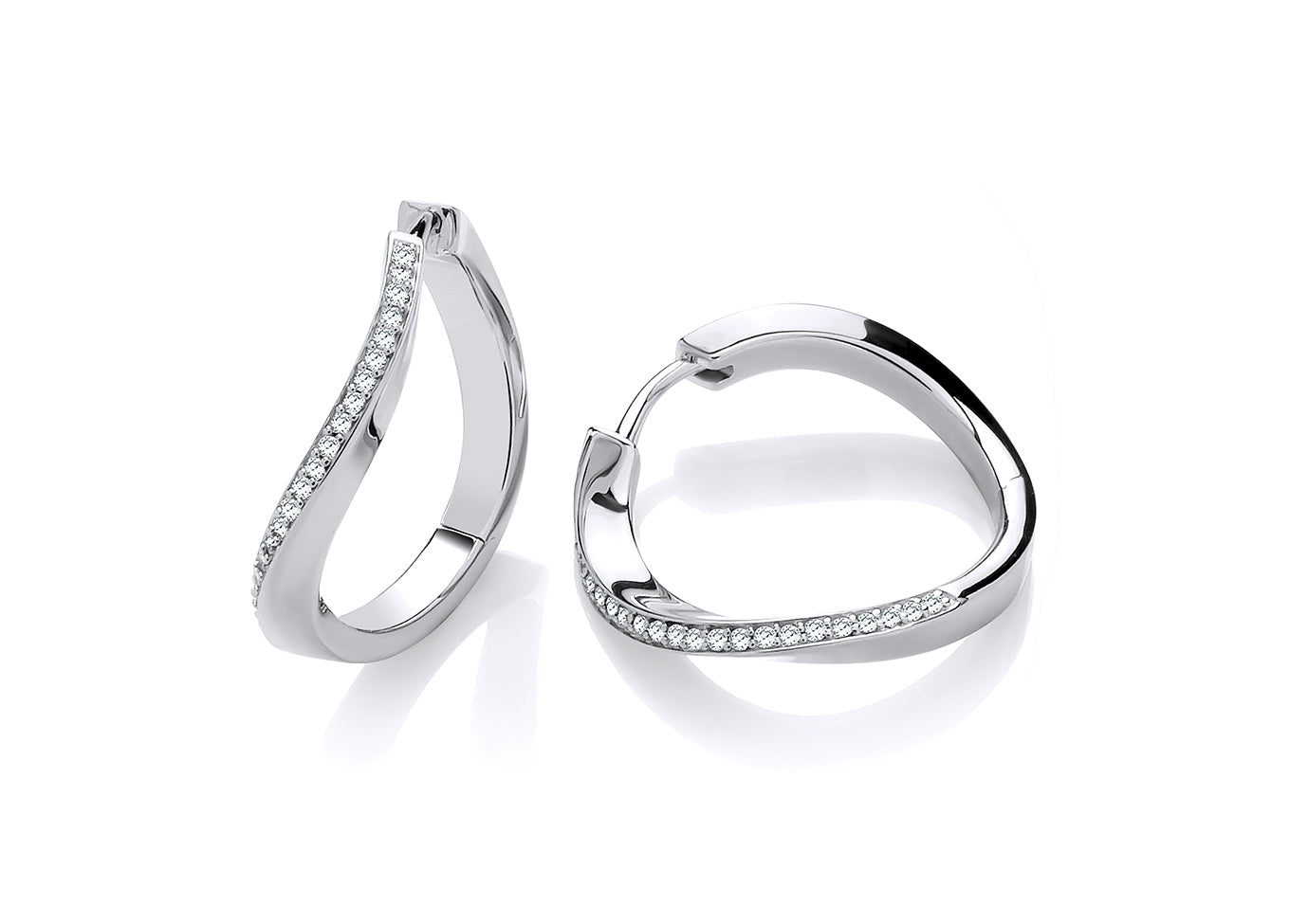 Silver Wavy Cubic Zirconia-Set Hoop Earrings