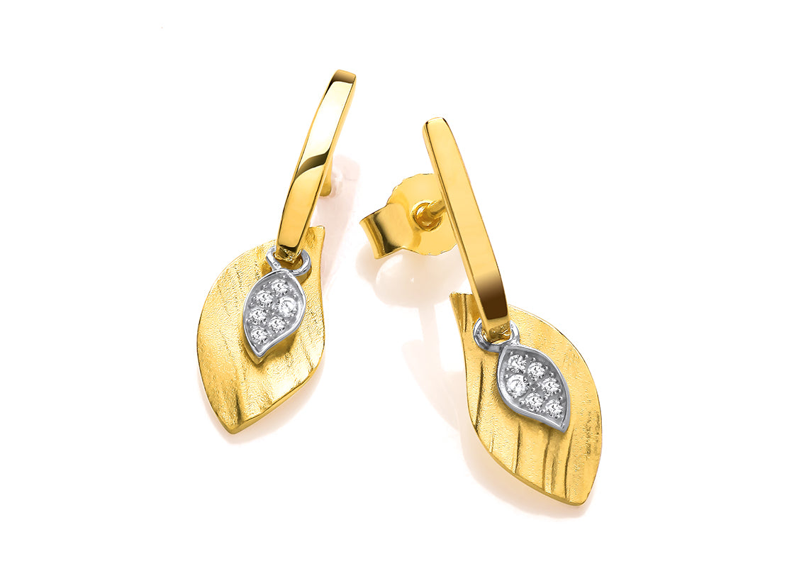 Silver Vermeille Satin Bark Effect Leaf & Cubic Zirconia Drop Earring