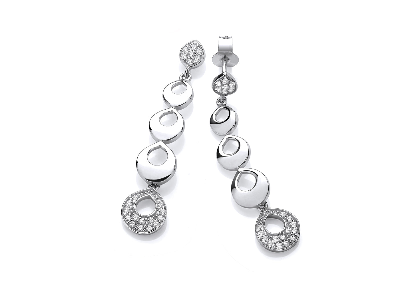 Silver Four-Ring Cubic Zirconia Set Drop Earrings