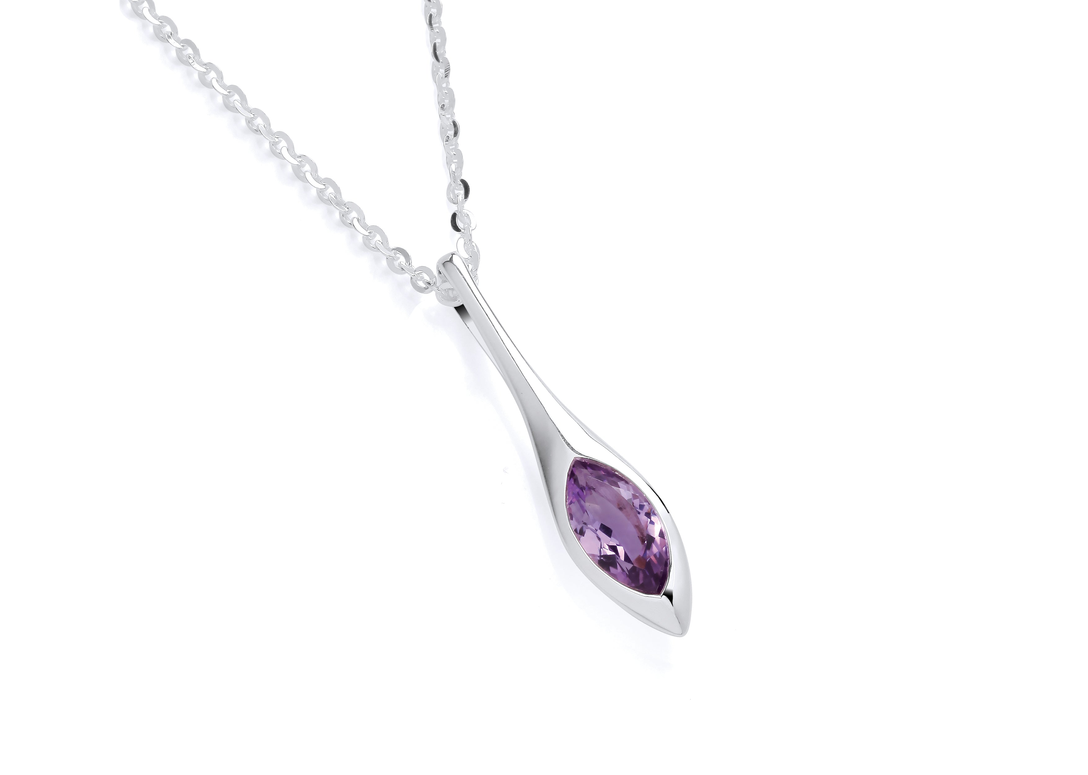 Silver Long Amethyst Teardrop Pendant on Chain