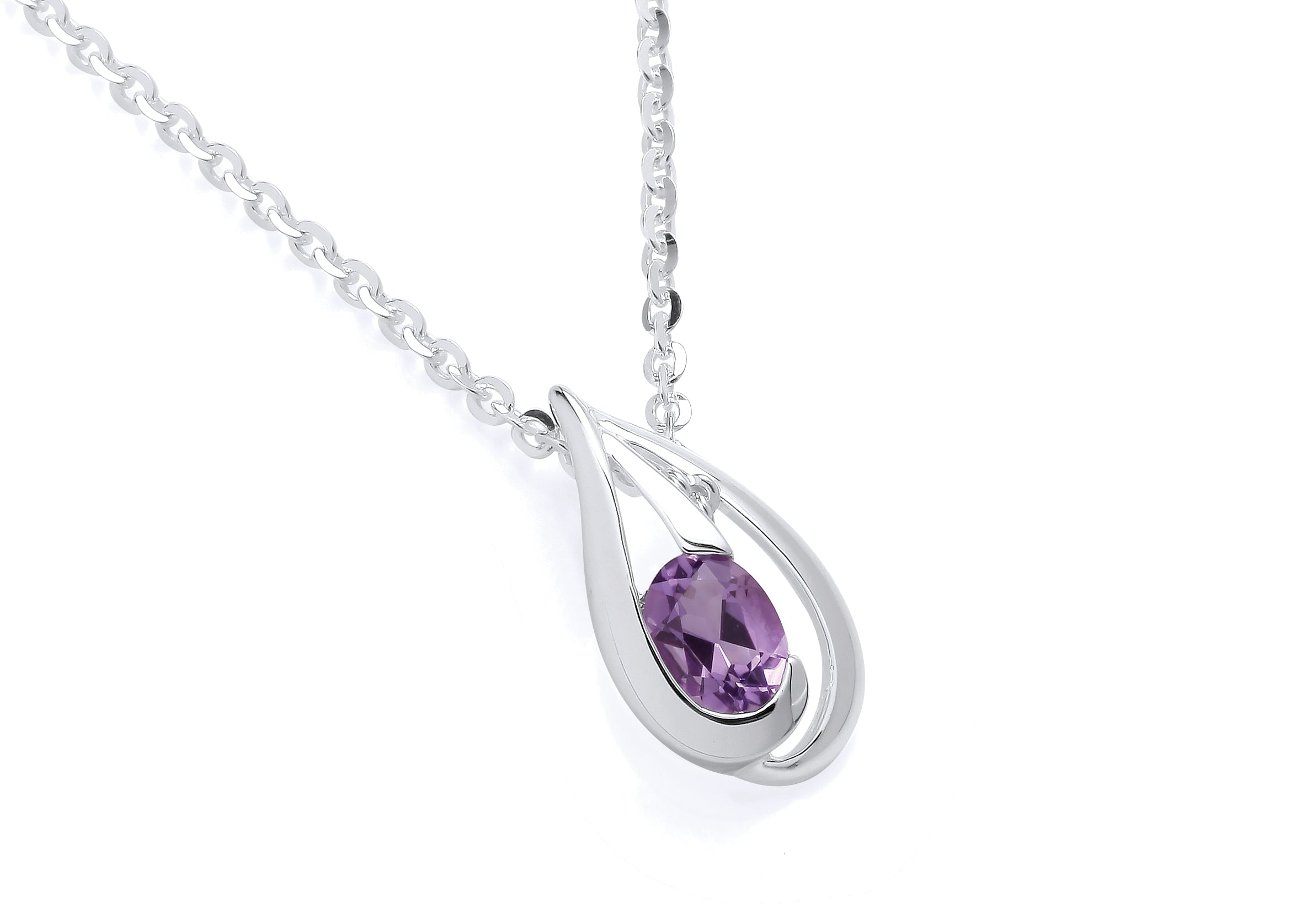 Silver Open Teardrop Amethyst Set Pendant on Chain