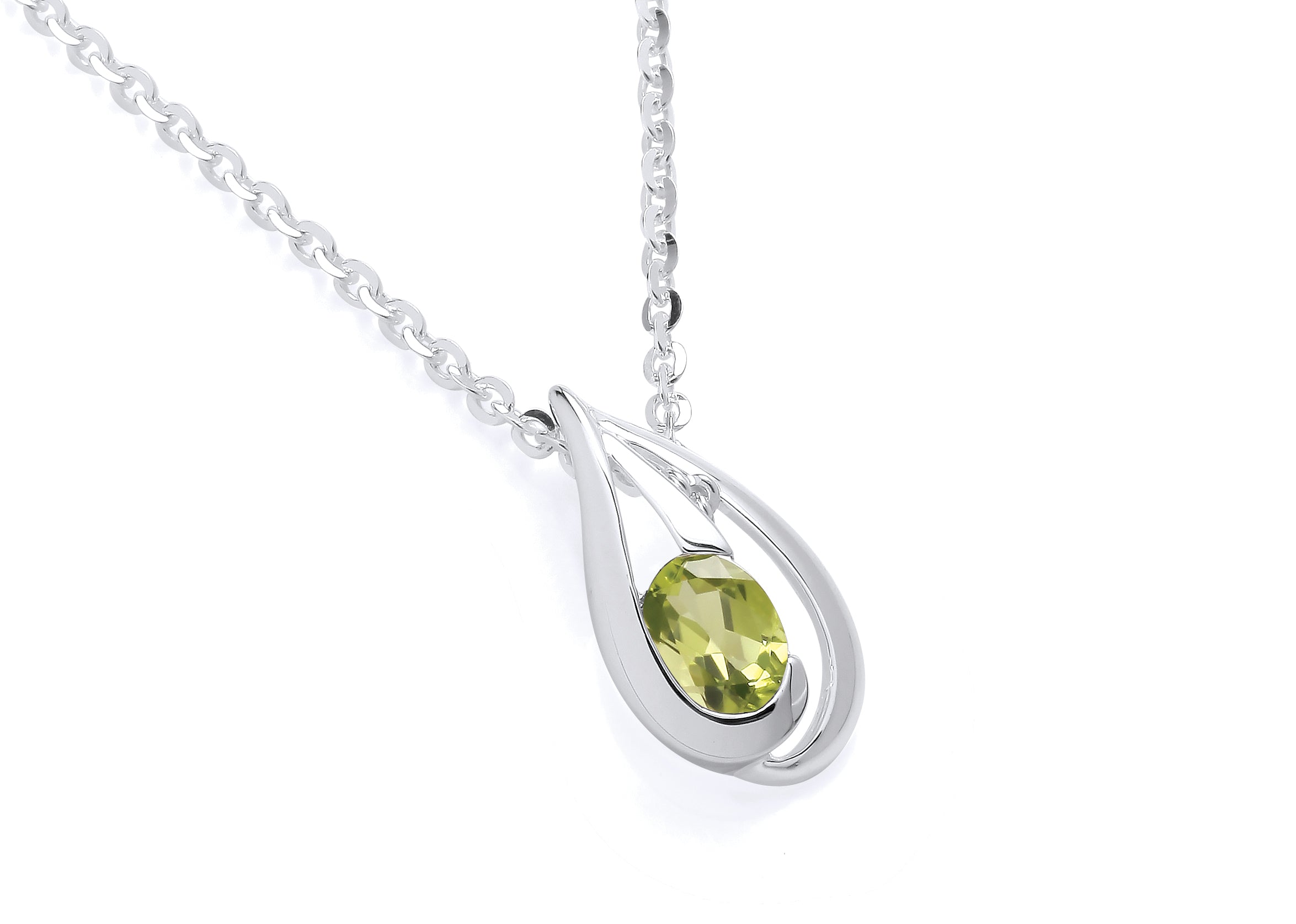 Silver Open Teardrop Peridot Set Pendant on Chain