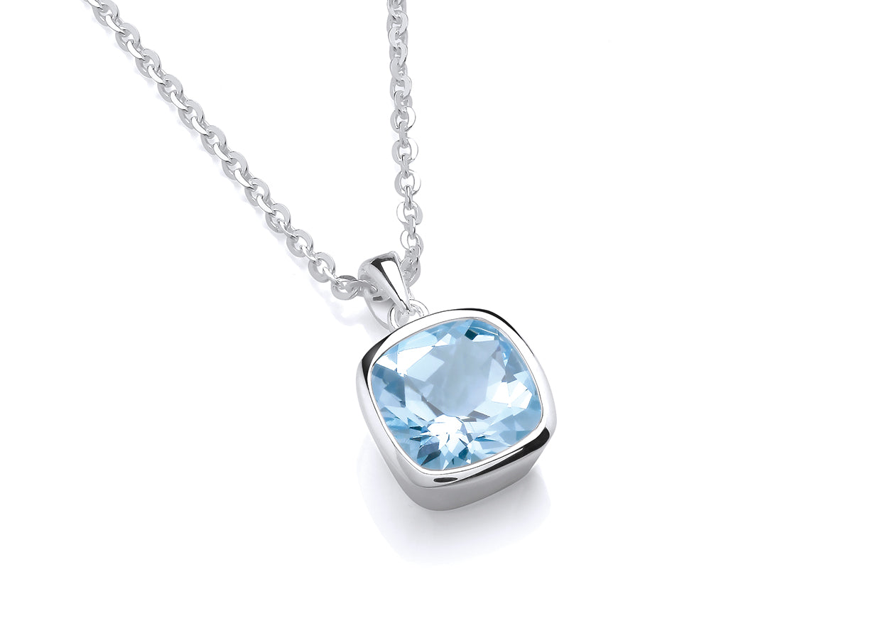Silver Chunky Blue Topaz Square Shape Drop Pendant on Chain